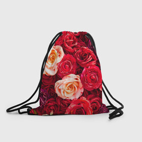 Рюкзак-мешок 3D с принтом Букет роз в Екатеринбурге, 100% полиэстер | плотность ткани — 200 г/м2, размер — 35 х 45 см; лямки — толстые шнурки, застежка на шнуровке, без карманов и подкладки | Тематика изображения на принте: большие | букет | девушкам | красивые | пышные | розы | цветы | яркие