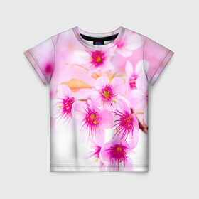 Детская футболка 3D с принтом Весеннее цветение вишни в Екатеринбурге, 100% гипоаллергенный полиэфир | прямой крой, круглый вырез горловины, длина до линии бедер, чуть спущенное плечо, ткань немного тянется | бутоны | весна | девушкам | красивые | розовые | сакура | цветение | цветы | яблоня