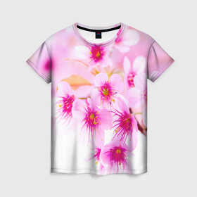 Женская футболка 3D с принтом Весеннее цветение вишни в Екатеринбурге, 100% полиэфир ( синтетическое хлопкоподобное полотно) | прямой крой, круглый вырез горловины, длина до линии бедер | бутоны | весна | девушкам | красивые | розовые | сакура | цветение | цветы | яблоня