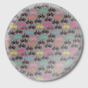 Значок с принтом Цветные велосипеды паттерн в Екатеринбурге,  металл | круглая форма, металлическая застежка в виде булавки | велосипеды | велоспорт | горные велосипеды | паттерн | спортивные велосипеды | спортивный | цветной принт