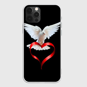 Чехол для iPhone 12 Pro с принтом Голубь любви в Екатеринбурге, силикон | область печати: задняя сторона чехла, без боковых панелей | белый | голубь | красивый | ленточка | любовь | сердце