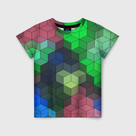 Детская футболка 3D с принтом Разноцветный геометрический уз в Екатеринбурге, 100% гипоаллергенный полиэфир | прямой крой, круглый вырез горловины, длина до линии бедер, чуть спущенное плечо, ткань немного тянется | абстрактный | зеленый | молодежный | разноцветный узор | ромбы | синий | текстура