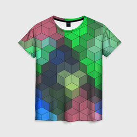 Женская футболка 3D с принтом Разноцветный геометрический уз в Екатеринбурге, 100% полиэфир ( синтетическое хлопкоподобное полотно) | прямой крой, круглый вырез горловины, длина до линии бедер | абстрактный | зеленый | молодежный | разноцветный узор | ромбы | синий | текстура