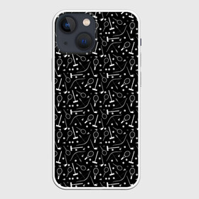 Чехол для iPhone 13 mini с принтом Черно белый спортивный узор в Екатеринбурге,  |  | клюшка | лук | молодежный | монохромный | мяч | поло | ракетка | спортивный инвентарь | стрелы