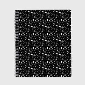 Тетрадь с принтом Черно-белый спортивный узор  в Екатеринбурге, 100% бумага | 48 листов, плотность листов — 60 г/м2, плотность картонной обложки — 250 г/м2. Листы скреплены сбоку удобной пружинной спиралью. Уголки страниц и обложки скругленные. Цвет линий — светло-серый
 | Тематика изображения на принте: клюшка | лук | молодежный | монохромный | мяч | поло | ракетка | спортивный инвентарь | стрелы