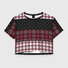 Женская футболка Crop-top 3D с принтом Комбинированный красно-серый  в Екатеринбурге, 100% полиэстер | круглая горловина, длина футболки до линии талии, рукава с отворотами | клетка | комбинированный | красный и черный | креативный | плед | полосы | узор в клетку | шотландка