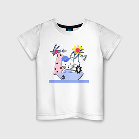 Детская футболка хлопок с принтом Котик-морячок  в Екатеринбурге, 100% хлопок | круглый вырез горловины, полуприлегающий силуэт, длина до линии бедер | для мальчика | иллюстрация | кораблик | кот | котик | малышам | море | морское путешествие | моряк