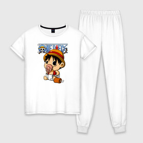 Женская пижама хлопок с принтом Малыш Луффи One Piece в Екатеринбурге, 100% хлопок | брюки и футболка прямого кроя, без карманов, на брюках мягкая резинка на поясе и по низу штанин | anime | manga | monkey d. luffy | one piece | аниме | большой куш | ван пис | вон пис | капитан | король пиратов | луси | луфи | луффи | луффи но уми | луффи таро | манга | манки д. луффи | мугивара | пират | пятый император