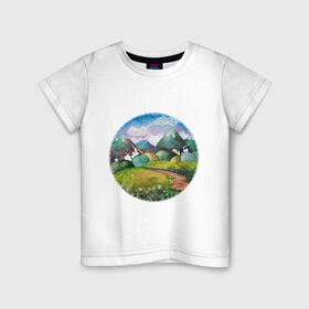 Детская футболка хлопок с принтом Акварельные поля и тропинка в Екатеринбурге, 100% хлопок | круглый вырез горловины, полуприлегающий силуэт, длина до линии бедер | акварель | деревня | дома | зеленый | круг | лето | поля | рисунок