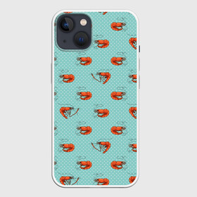 Чехол для iPhone 13 с принтом Креветки паттерн в Екатеринбурге,  |  | sea food | вареные креветки | винтажный стиль | голубо зеленый цвет | горошек | еда | креветки | морепродукты | морские гады | оранжевый | паттерн | цвет тиффани