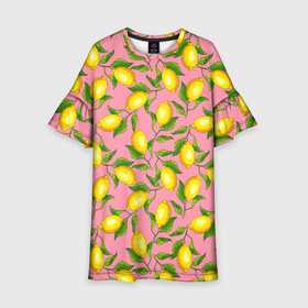 Детское платье 3D с принтом Лимоны паттерн в Екатеринбурге, 100% полиэстер | прямой силуэт, чуть расширенный к низу. Круглая горловина, на рукавах — воланы | Тематика изображения на принте: ботаника | еда | желтые лимоны | иллюстрация | летний принт | лето | лимоны | паттерн | рисунок | розовый цвет | фрукты
