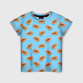 Детская футболка 3D с принтом Папайа паттерн в Екатеринбурге, 100% гипоаллергенный полиэфир | прямой крой, круглый вырез горловины, длина до линии бедер, чуть спущенное плечо, ткань немного тянется | вегетарианец | еда | зож | иллюстрация | летний принт | папайа | паттерн | правильное питание | рисунок | фрукты