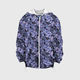 Детская куртка 3D с принтом Сине-фиолетовый цветочный узор в Екатеринбурге, 100% полиэстер | застежка — молния, подол и капюшон оформлены резинкой с фиксаторами, по бокам — два кармана без застежек, один потайной карман на груди, плотность верхнего слоя — 90 г/м2; плотность флисового подклада — 260 г/м2 | Тематика изображения на принте: однотонный | ретро | синие цветы | темный узор | цветочный узор | цветы