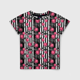 Детская футболка 3D с принтом акварельные розы на полосатом  в Екатеринбурге, 100% гипоаллергенный полиэфир | прямой крой, круглый вырез горловины, длина до линии бедер, чуть спущенное плечо, ткань немного тянется | акварельные розы | акварельный | красный | красный и черный | полосатый | полосатый черный | полосы | розы | черный