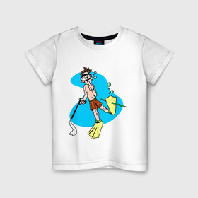 Детская футболка хлопок с принтом Подводный охотник в Екатеринбурге, 100% хлопок | круглый вырез горловины, полуприлегающий силуэт, длина до линии бедер | в маске | вода | гарпун | на отдыхе | ныряльщик | охота | под водой | подводное снаряжение | подводный охотник | рыбалка | человек