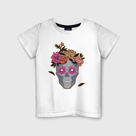Детская футболка хлопок с принтом День мертвых Мексика в Екатеринбурге, 100% хлопок | круглый вырез горловины, полуприлегающий силуэт, длина до линии бедер | calavera | sugar skull | день мертвых | иллюстрация | калавера | мексика | мексиканская вечеринка | мехико | рисунок | цветы | череп | череп с цветами