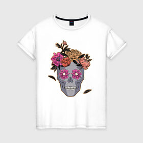 Женская футболка хлопок с принтом День мертвых Мексика в Екатеринбурге, 100% хлопок | прямой крой, круглый вырез горловины, длина до линии бедер, слегка спущенное плечо | calavera | sugar skull | день мертвых | иллюстрация | калавера | мексика | мексиканская вечеринка | мехико | рисунок | цветы | череп | череп с цветами