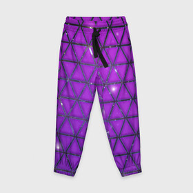 Детские брюки 3D с принтом Фиолетовые треугольники в Екатеринбурге, 100% полиэстер | манжеты по низу, эластичный пояс регулируется шнурком, по бокам два кармана без застежек, внутренняя часть кармана из мелкой сетки | purple | абстракция | звезды | космос | треугольник
