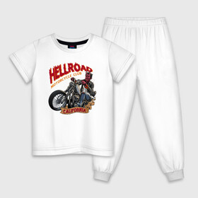 Детская пижама хлопок с принтом Hellroad в Екатеринбурге, 100% хлопок |  брюки и футболка прямого кроя, без карманов, на брюках мягкая резинка на поясе и по низу штанин
 | Тематика изображения на принте: road | ад | байкер | дьявол | калифорния | клуб | мотоцикл | черт