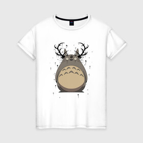 Женская футболка хлопок с принтом Totoro Deer в Екатеринбурге, 100% хлопок | прямой крой, круглый вырез горловины, длина до линии бедер, слегка спущенное плечо | Тематика изображения на принте: deer | ghibli | japan | nature | neigbor | neighbour | totoro | анимация | аниме | гибли | друг | животные | лес | милый | мир | миядзаки | мой сосед тоторо | мульт | мультфильм | олень | природа | сосед | тоторо | хаяо | хранитель