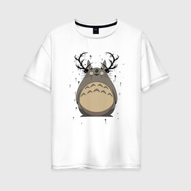 Женская футболка хлопок Oversize с принтом Totoro Deer в Екатеринбурге, 100% хлопок | свободный крой, круглый ворот, спущенный рукав, длина до линии бедер
 | Тематика изображения на принте: deer | ghibli | japan | nature | neigbor | neighbour | totoro | анимация | аниме | гибли | друг | животные | лес | милый | мир | миядзаки | мой сосед тоторо | мульт | мультфильм | олень | природа | сосед | тоторо | хаяо | хранитель