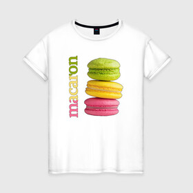 Женская футболка хлопок с принтом Macaron в Екатеринбурге, 100% хлопок | прямой крой, круглый вырез горловины, длина до линии бедер, слегка спущенное плечо | вкус | лакомство | пирожное | сладость | цвет