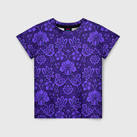 Детская футболка 3D с принтом Домашние обои  в Екатеринбурге, 100% гипоаллергенный полиэфир | прямой крой, круглый вырез горловины, длина до линии бедер, чуть спущенное плечо, ткань немного тянется | домашние обои | обои | орнамент | текстуры | узор | фиолетовое | хохлома | цветы