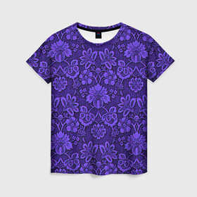 Женская футболка 3D с принтом Домашние обои  в Екатеринбурге, 100% полиэфир ( синтетическое хлопкоподобное полотно) | прямой крой, круглый вырез горловины, длина до линии бедер | домашние обои | обои | орнамент | текстуры | узор | фиолетовое | хохлома | цветы