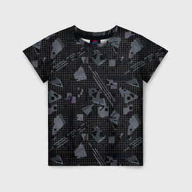 Детская футболка 3D с принтом Темный серый узор мемфис в Екатеринбурге, 100% гипоаллергенный полиэфир | прямой крой, круглый вырез горловины, длина до линии бедер, чуть спущенное плечо, ткань немного тянется | абстрактный | геометрический | детский | клетка | клетчатый узор | линии | мемфис | популярный | современный | темно черный | школьный