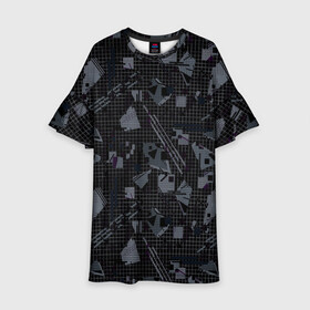 Детское платье 3D с принтом Темный серый узор мемфис в Екатеринбурге, 100% полиэстер | прямой силуэт, чуть расширенный к низу. Круглая горловина, на рукавах — воланы | Тематика изображения на принте: абстрактный | геометрический | детский | клетка | клетчатый узор | линии | мемфис | популярный | современный | темно черный | школьный