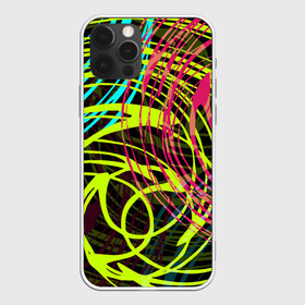 Чехол для iPhone 12 Pro с принтом Разноцветные спирали  в Екатеринбурге, силикон | область печати: задняя сторона чехла, без боковых панелей | абстрактный | желтый | круги | модный | молодежный | разводы | разноцветная абстракция | розовый | современный | спирали | черный