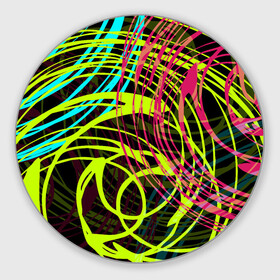 Коврик для мышки круглый с принтом Разноцветные спирали  в Екатеринбурге, резина и полиэстер | круглая форма, изображение наносится на всю лицевую часть | абстрактный | желтый | круги | модный | молодежный | разводы | разноцветная абстракция | розовый | современный | спирали | черный