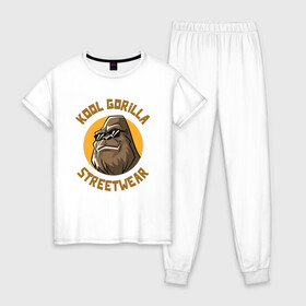 Женская пижама хлопок с принтом Koll Gorilla Streetwear в Екатеринбурге, 100% хлопок | брюки и футболка прямого кроя, без карманов, на брюках мягкая резинка на поясе и по низу штанин | Тематика изображения на принте: gorilla | koll gorilla | streetwear | горилла | обезьяна