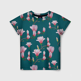 Детская футболка 3D с принтом Розовые магнолии на бирюзовом в Екатеринбурге, 100% гипоаллергенный полиэфир | прямой крой, круглый вырез горловины, длина до линии бедер, чуть спущенное плечо, ткань немного тянется | 8 марта | flowers | summer | бирюзовый | ботаническая иллюстрация | весна | зеленый | лето | любовь | магнолия | праздник | принт | природа | растения | розовый | цветы