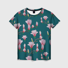 Женская футболка 3D с принтом Розовые магнолии на бирюзовом в Екатеринбурге, 100% полиэфир ( синтетическое хлопкоподобное полотно) | прямой крой, круглый вырез горловины, длина до линии бедер | 8 марта | flowers | summer | бирюзовый | ботаническая иллюстрация | весна | зеленый | лето | любовь | магнолия | праздник | принт | природа | растения | розовый | цветы