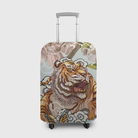 Чехол для чемодана 3D с принтом Тигр в облаках в Екатеринбурге, 86% полиэфир, 14% спандекс | двустороннее нанесение принта, прорези для ручек и колес | бабочка | восточные мотивы | нежность | облака | сакура | тигр | хищник | цветы