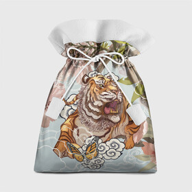 Подарочный 3D мешок с принтом Тигр в облаках в Екатеринбурге, 100% полиэстер | Размер: 29*39 см | бабочка | восточные мотивы | нежность | облака | сакура | тигр | хищник | цветы