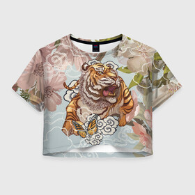 Женская футболка Crop-top 3D с принтом Тигр в облаках в Екатеринбурге, 100% полиэстер | круглая горловина, длина футболки до линии талии, рукава с отворотами | бабочка | восточные мотивы | нежность | облака | сакура | тигр | хищник | цветы
