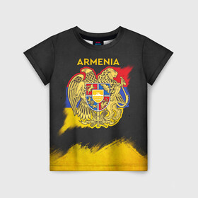 Детская футболка 3D с принтом Yellow and Black Armenia в Екатеринбурге, 100% гипоаллергенный полиэфир | прямой крой, круглый вырез горловины, длина до линии бедер, чуть спущенное плечо, ткань немного тянется | armenia | logo | армения | армян | армяни | герб | лев и орел | лого | символ | флаг | флаг и герб армении