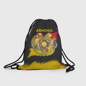 Рюкзак-мешок 3D с принтом Yellow and Black Armenia в Екатеринбурге, 100% полиэстер | плотность ткани — 200 г/м2, размер — 35 х 45 см; лямки — толстые шнурки, застежка на шнуровке, без карманов и подкладки | armenia | logo | армения | армян | армяни | герб | лев и орел | лого | символ | флаг | флаг и герб армении