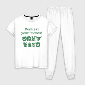 Женская пижама хлопок с принтом Не ешь друзей в Екатеринбурге, 100% хлопок | брюки и футболка прямого кроя, без карманов, на брюках мягкая резинка на поясе и по низу штанин | green | greenpaece | vegan | yoga | веган | вегетарианец | гринпис | дерево | еда | животные | жизнь | здоровье | зеленый | йога | мир | овощи | пища | планета | природа | фрукты