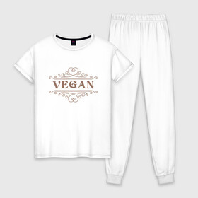 Женская пижама хлопок с принтом Веган - Vegan в Екатеринбурге, 100% хлопок | брюки и футболка прямого кроя, без карманов, на брюках мягкая резинка на поясе и по низу штанин | green | greenpaece | vegan | yoga | веган | вегетарианец | гринпис | дерево | еда | животные | жизнь | здоровье | зеленый | йога | мир | овощи | пища | планета | природа | фрукты