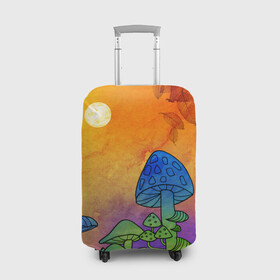 Чехол для чемодана 3D с принтом Заколдованный лес в Екатеринбурге, 86% полиэфир, 14% спандекс | двустороннее нанесение принта, прорези для ручек и колес | акварель | глитч грибы | грибы | грибы нарисованные карандашом | листва | необычный лес | цветные грибы