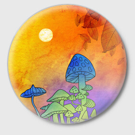 Значок с принтом Заколдованный лес в Екатеринбурге,  металл | круглая форма, металлическая застежка в виде булавки | Тематика изображения на принте: акварель | глитч грибы | грибы | грибы нарисованные карандашом | листва | необычный лес | цветные грибы