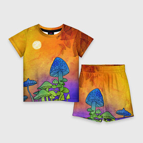 Детский костюм с шортами 3D с принтом Заколдованный лес в Екатеринбурге,  |  | акварель | глитч грибы | грибы | грибы нарисованные карандашом | листва | необычный лес | цветные грибы