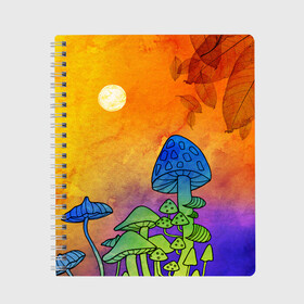 Тетрадь с принтом Заколдованный лес в Екатеринбурге, 100% бумага | 48 листов, плотность листов — 60 г/м2, плотность картонной обложки — 250 г/м2. Листы скреплены сбоку удобной пружинной спиралью. Уголки страниц и обложки скругленные. Цвет линий — светло-серый
 | Тематика изображения на принте: акварель | глитч грибы | грибы | грибы нарисованные карандашом | листва | необычный лес | цветные грибы