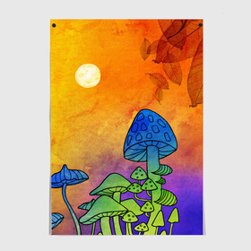 Постер с принтом Заколдованный лес в Екатеринбурге, 100% бумага
 | бумага, плотность 150 мг. Матовая, но за счет высокого коэффициента гладкости имеет небольшой блеск и дает на свету блики, но в отличии от глянцевой бумаги не покрыта лаком | Тематика изображения на принте: акварель | глитч грибы | грибы | грибы нарисованные карандашом | листва | необычный лес | цветные грибы
