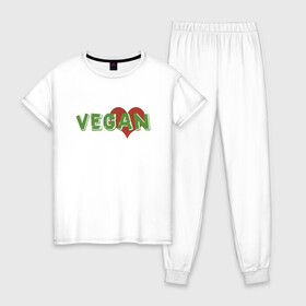 Женская пижама хлопок с принтом Vegan Love в Екатеринбурге, 100% хлопок | брюки и футболка прямого кроя, без карманов, на брюках мягкая резинка на поясе и по низу штанин | green | greenpaece | love | vegan | yoga | веган | вегетарианец | гринпис | дерево | еда | животные | жизнь | здоровье | зеленый | йога | любовь | мир | овощи | пища | планета | природа | сердце | фрукты