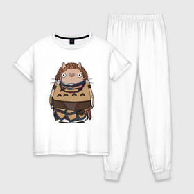 Женская пижама хлопок с принтом Totoro Aloy в Екатеринбурге, 100% хлопок | брюки и футболка прямого кроя, без карманов, на брюках мягкая резинка на поясе и по низу штанин | aloy | ghibli | horizon | japan | nature | neigbor | neighbour | totoro | анимация | аниме | гибли | друг | животные | игра | лес | милый | миядзаки | мой сосед тоторо | мульт | мультфильм | природа | сосед | тоторо | хаяо | хорайзон