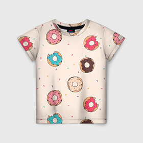 Детская футболка 3D с принтом Кусанные пончики в Екатеринбурге, 100% гипоаллергенный полиэфир | прямой крой, круглый вырез горловины, длина до линии бедер, чуть спущенное плечо, ткань немного тянется | булка с дыркой | булочка | десерт | пончик | пончики | симпсоны | сладкая булка